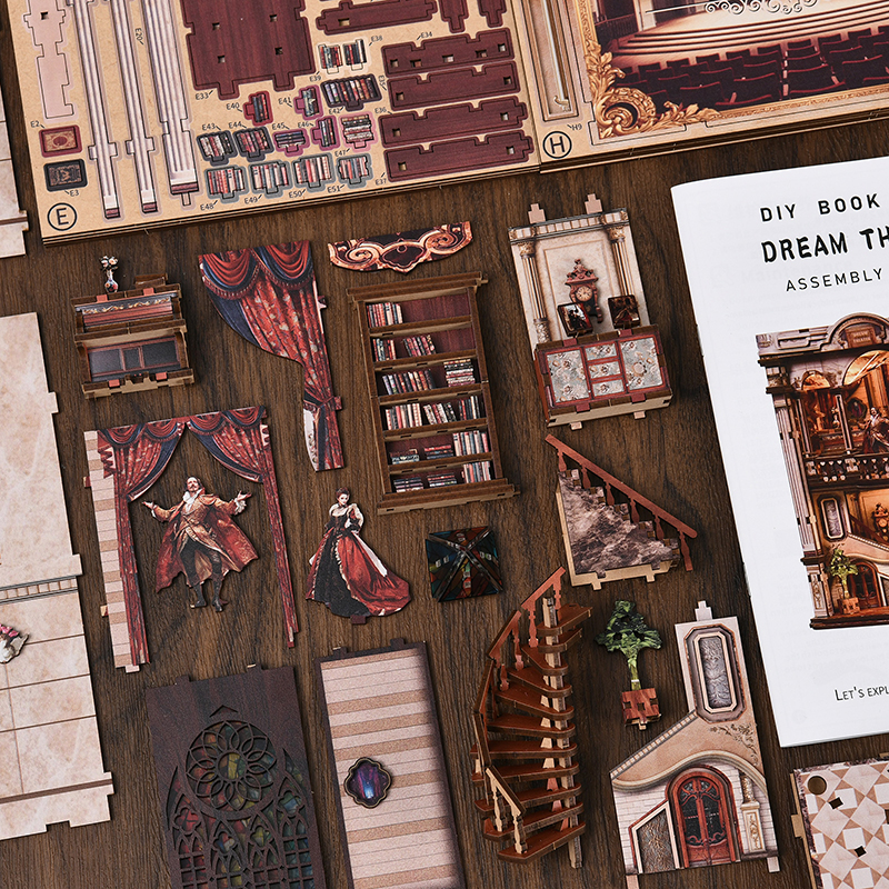 Piezas y componentes en miniatura del kit DIY Dream Opera House Book Nook con elementos de madera, escenario, piano y decoración del teatro