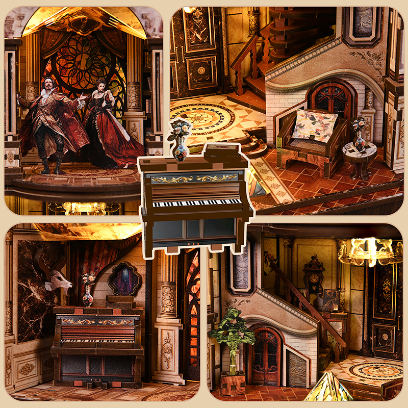 Detalles interiores en miniatura del Dream Opera House Book Nook con escenario de ópera, piano vintage, escalera clásica y decoración de teatro europeo