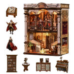Book Nook DIY Ópera de Ensueño con fachada iluminada, figuras de ópera, biblioteca, piano, vitrina y muebles decorativos en miniatura.