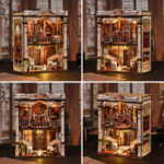 Dream Opera House Book Nook DIY terminado mostrado desde varios ángulos, con un diseño de teatro en miniatura, detalles arquitectónicos clásicos, decoración artesanal e iluminación cálida