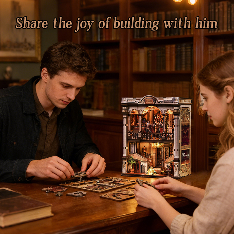 Experiencia de montaje del Dream Opera House Book Nook compartida entre dos personas, creando juntos una miniatura de teatro con piezas DIY