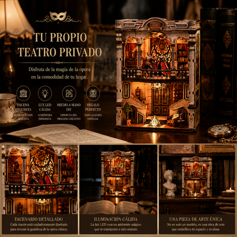 Dream Opera House Book Nook como teatro privado en miniatura con escenario detallado, iluminación LED cálida y diseño inspirado en la ópera clásica europea
